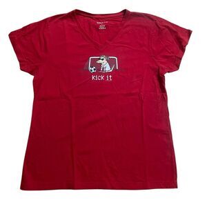 Teddy The Dog Ladies V Neck Tee Kick It Soccer Dog Womens Size Large Red